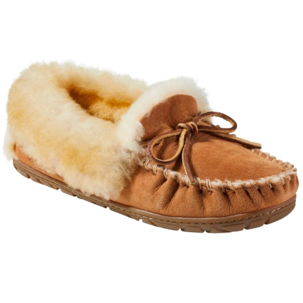L.L. Bean Wicked Good Shearling Moccasins Suede Slippers Tan Size 8